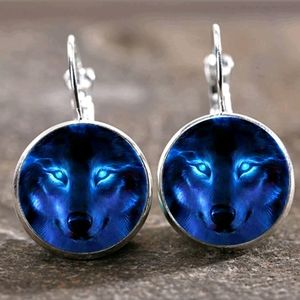 New Blue Wolf Glass Cabochon Silver Earrings.